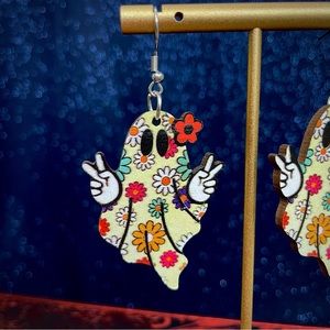 Hippie ghost peace sign dangle earrings